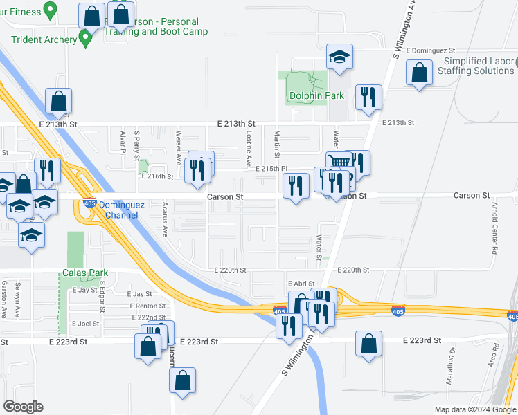 map of restaurants, bars, coffee shops, grocery stores, and more near 1502 East Carson Street in Carson