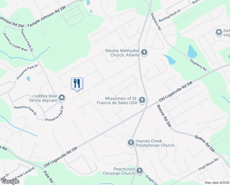 map of restaurants, bars, coffee shops, grocery stores, and more near 3827 Rosebud Road in Loganville