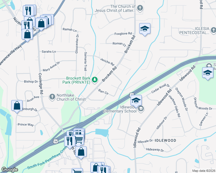 map of restaurants, bars, coffee shops, grocery stores, and more near 3967 Franks Court in Tucker