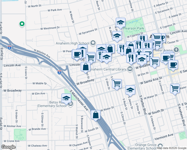 map of restaurants, bars, coffee shops, grocery stores, and more near 217 South Illinois Street in Anaheim