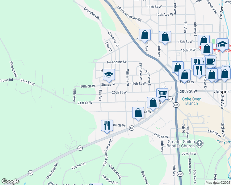 map of restaurants, bars, coffee shops, grocery stores, and more near 1319 20th Street West in Jasper