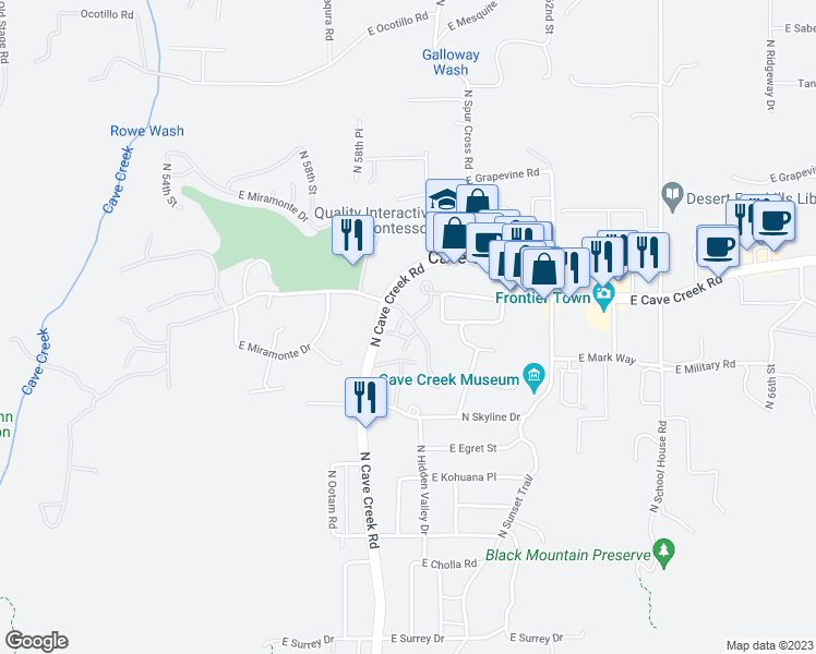 map of restaurants, bars, coffee shops, grocery stores, and more near 6028 East Rancho Manana Boulevard in Cave Creek