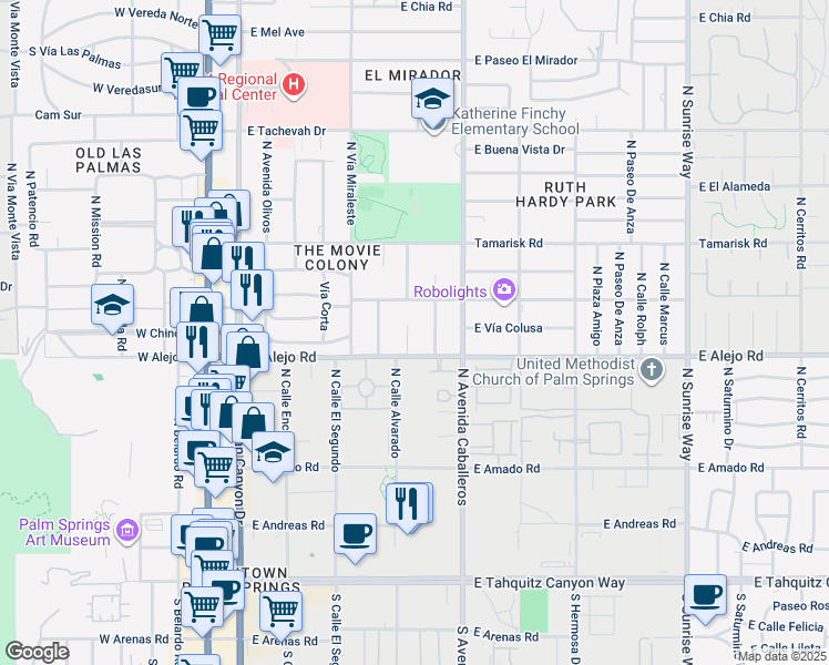 map of restaurants, bars, coffee shops, grocery stores, and more near 540 North Phillips Road in Palm Springs