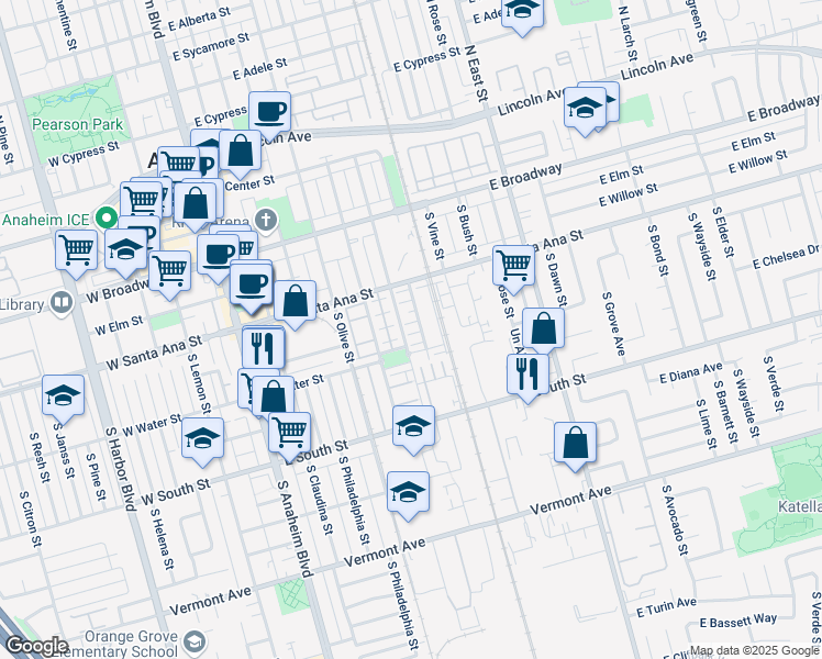 map of restaurants, bars, coffee shops, grocery stores, and more near 574 South Kroeger Street in Anaheim