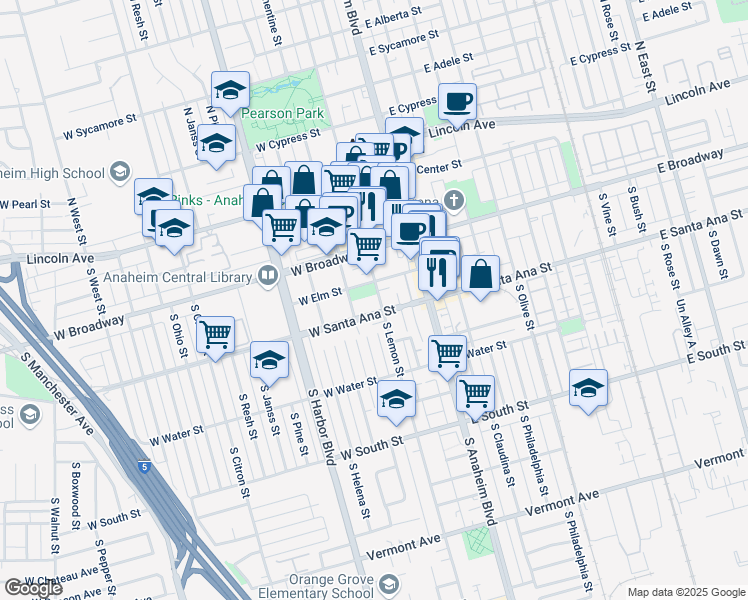map of restaurants, bars, coffee shops, grocery stores, and more near 412 South Clementine Street in Anaheim