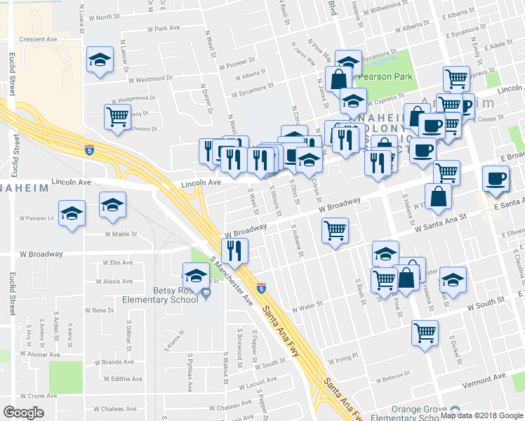 map of restaurants, bars, coffee shops, grocery stores, and more near 217 South Illinois Street in Anaheim