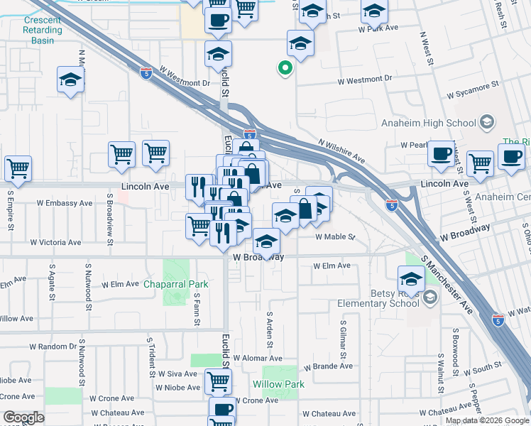map of restaurants, bars, coffee shops, grocery stores, and more near 1631 West Pampas Lane in Anaheim