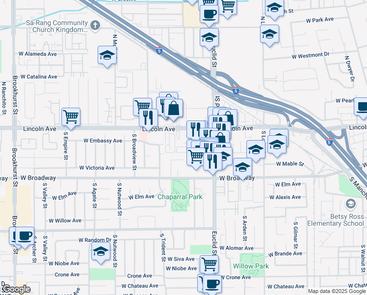 map of restaurants, bars, coffee shops, grocery stores, and more near 101 South Euclid Street in Anaheim