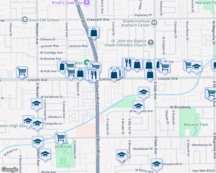 map of restaurants, bars, coffee shops, grocery stores, and more near 124 South Laxore Street in Anaheim