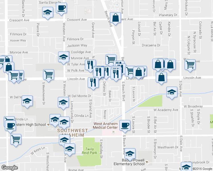 map of restaurants, bars, coffee shops, grocery stores, and more near 118 Delano Street in Anaheim