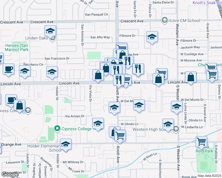 map of restaurants, bars, coffee shops, grocery stores, and more near 6900 Lincoln Avenue in Buena Park