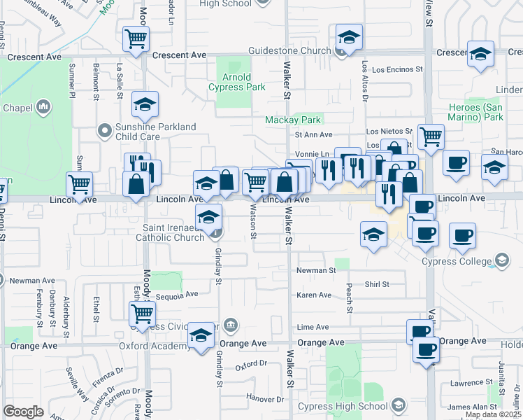 map of restaurants, bars, coffee shops, grocery stores, and more near 5113 Bishop Street in Cypress