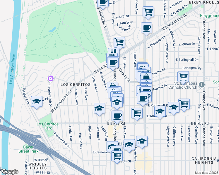 map of restaurants, bars, coffee shops, grocery stores, and more near 4001 Long Beach Boulevard in Long Beach