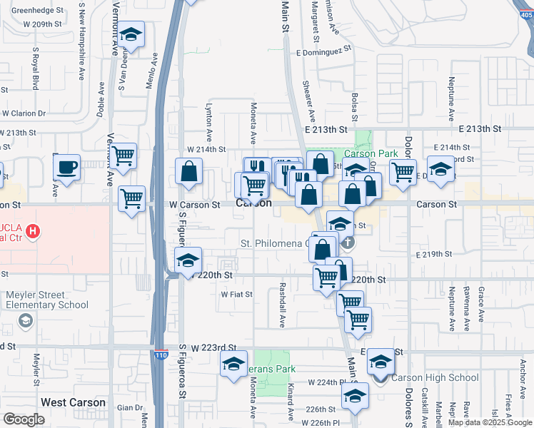 map of restaurants, bars, coffee shops, grocery stores, and more near in Carson