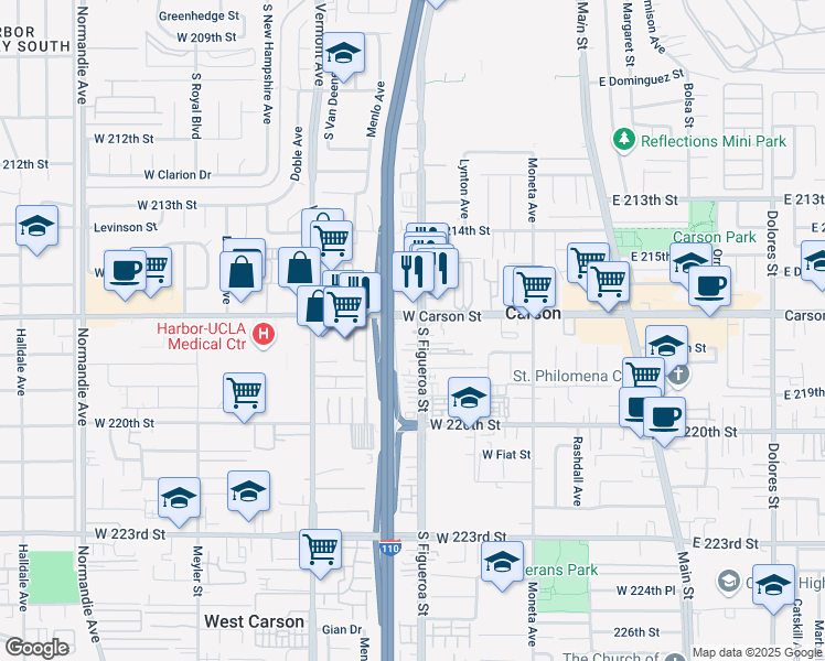 map of restaurants, bars, coffee shops, grocery stores, and more near 21723 South Figueroa Street in Carson