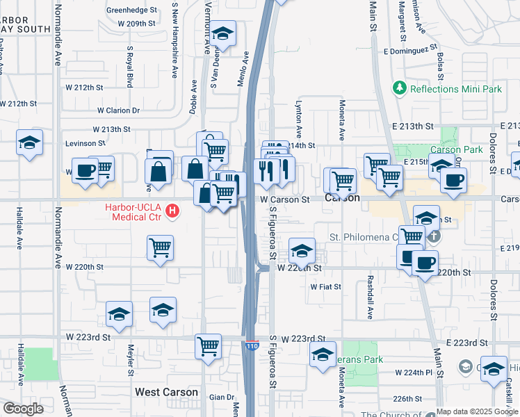 map of restaurants, bars, coffee shops, grocery stores, and more near 21723 South Figueroa Street in Carson