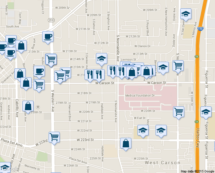 map of restaurants, bars, coffee shops, grocery stores, and more near 1326 West Carson Street in Torrance