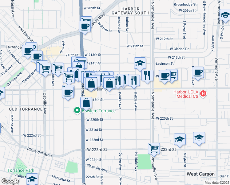 map of restaurants, bars, coffee shops, grocery stores, and more near 1532 West Carson Street in Torrance