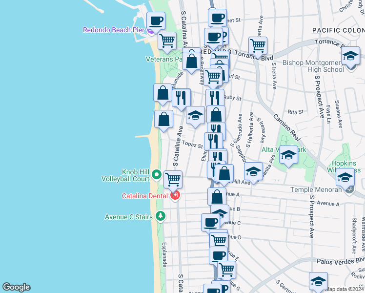 map of restaurants, bars, coffee shops, grocery stores, and more near in Redondo Beach