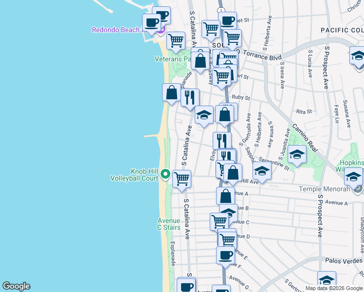 map of restaurants, bars, coffee shops, grocery stores, and more near in Redondo Beach
