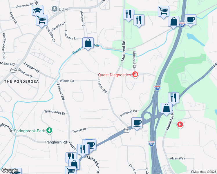 map of restaurants, bars, coffee shops, grocery stores, and more near 1639 Hudson Road in Decatur