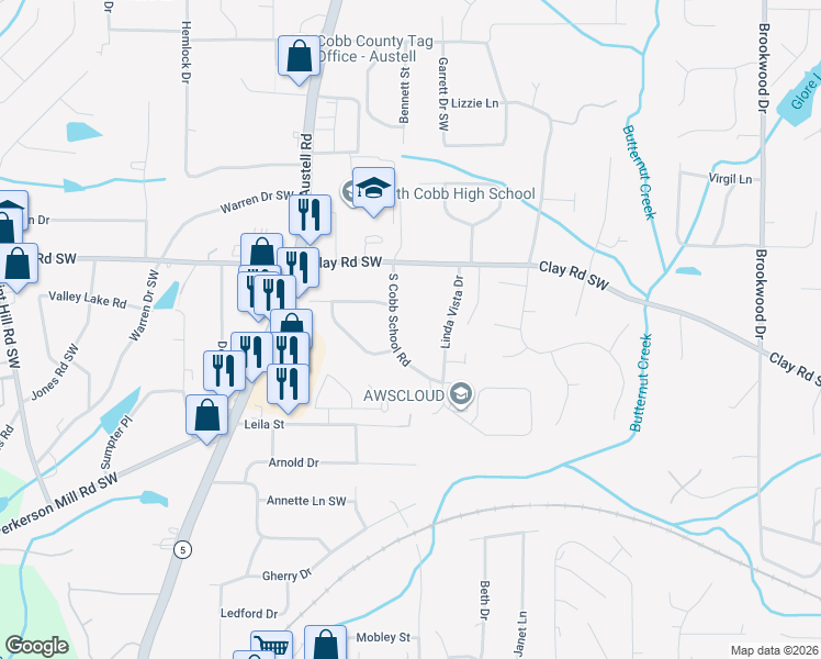 map of restaurants, bars, coffee shops, grocery stores, and more near 5031 South Cobb School Road in Mableton