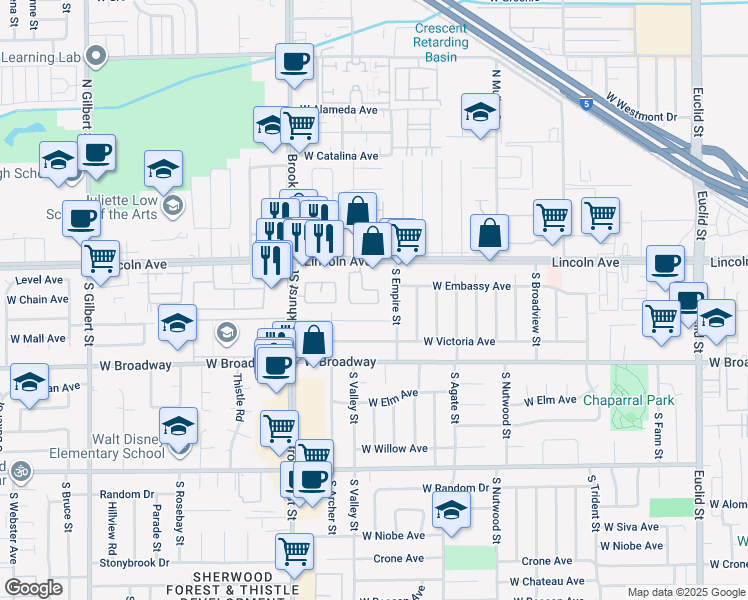 map of restaurants, bars, coffee shops, grocery stores, and more near 227 South Linhaven Circle in Anaheim