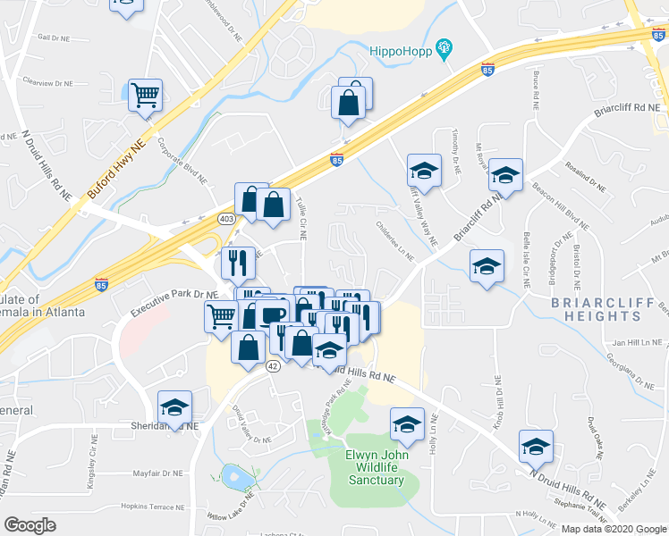map of restaurants, bars, coffee shops, grocery stores, and more near 1669 Executive Park Lane Northeast in Atlanta