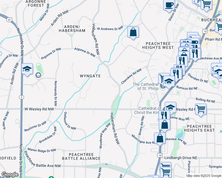 map of restaurants, bars, coffee shops, grocery stores, and more near 2804 Habersham Road Northwest in Atlanta