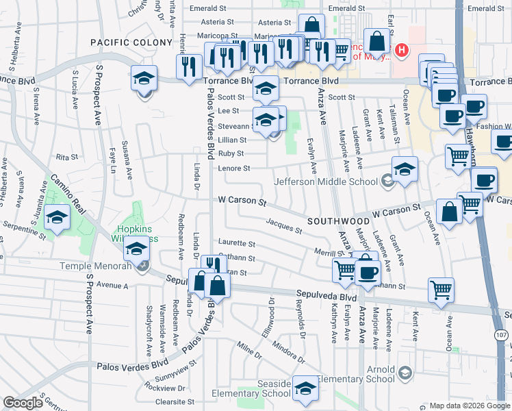 map of restaurants, bars, coffee shops, grocery stores, and more near 5026 West Carson Street in Torrance
