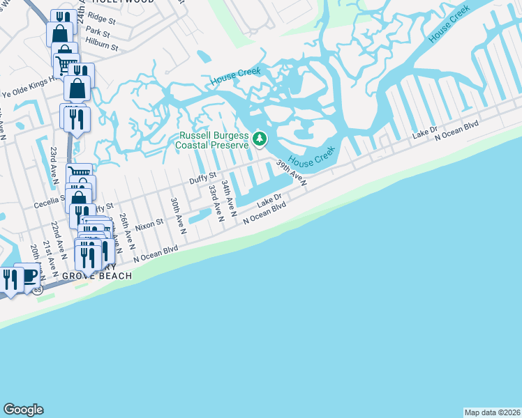 map of restaurants, bars, coffee shops, grocery stores, and more near 3501 North Ocean Boulevard in North Myrtle Beach