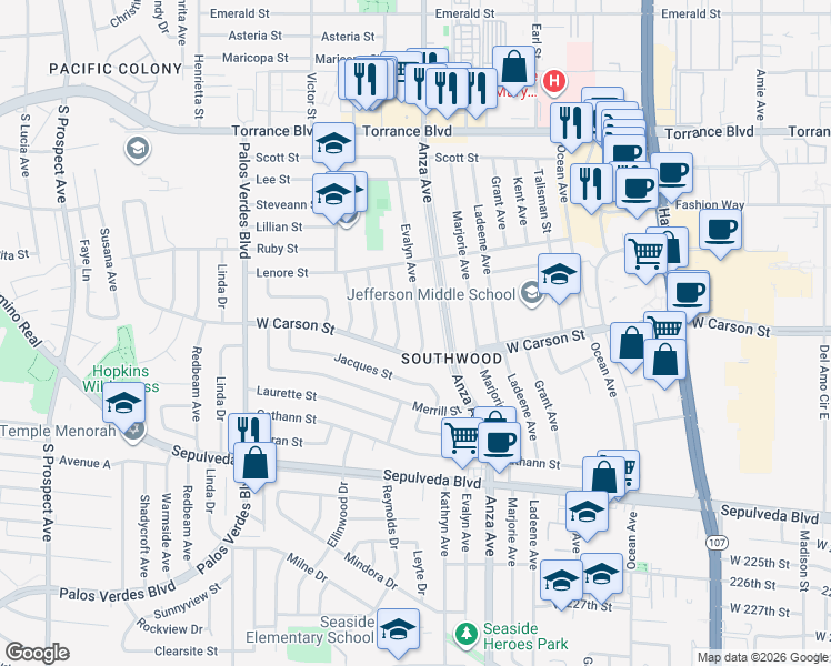map of restaurants, bars, coffee shops, grocery stores, and more near 21721 Evalyn Avenue in Torrance