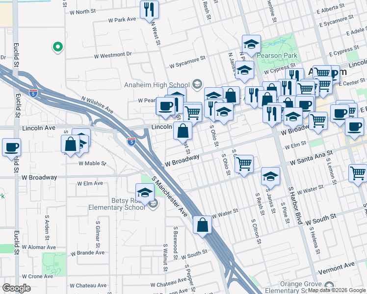 map of restaurants, bars, coffee shops, grocery stores, and more near 203 South West Street in Anaheim
