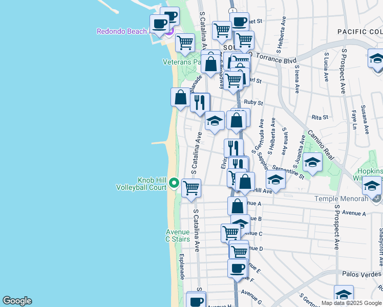 map of restaurants, bars, coffee shops, grocery stores, and more near in Redondo Beach