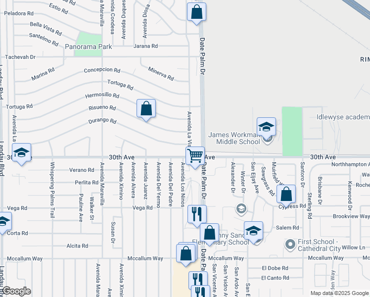 map of restaurants, bars, coffee shops, grocery stores, and more near 68955 Durango Road in Cathedral City