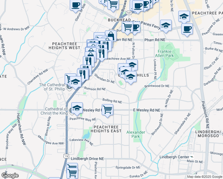 map of restaurants, bars, coffee shops, grocery stores, and more near 190 Rumson Road Northeast in Atlanta