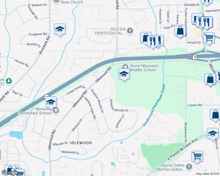 map of restaurants, bars, coffee shops, grocery stores, and more near 1684 Brantford Drive in Tucker