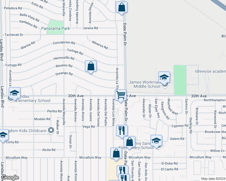 map of restaurants, bars, coffee shops, grocery stores, and more near 68945 Durango Road in Cathedral City