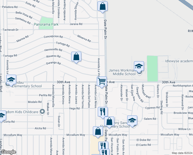 map of restaurants, bars, coffee shops, grocery stores, and more near 68955 Durango Road in Cathedral City