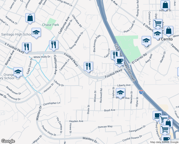 map of restaurants, bars, coffee shops, grocery stores, and more near 2785 State Street in Corona