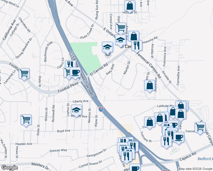 map of restaurants, bars, coffee shops, grocery stores, and more near 19864 Katy Way in Corona