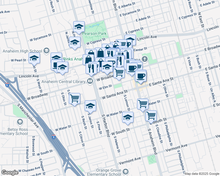 map of restaurants, bars, coffee shops, grocery stores, and more near 415 South Clementine Street in Anaheim