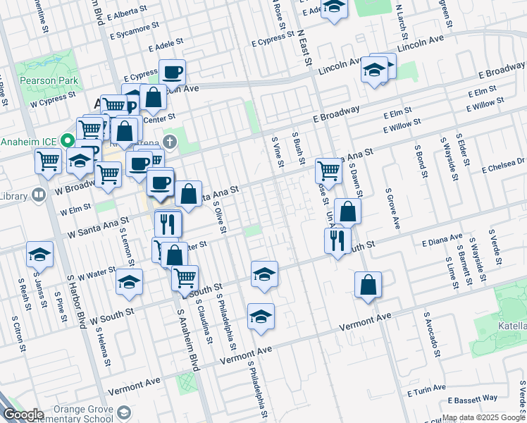 map of restaurants, bars, coffee shops, grocery stores, and more near 574 South Kroeger Street in Anaheim