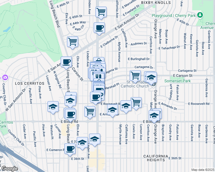 map of restaurants, bars, coffee shops, grocery stores, and more near 715 East Marshall Place in Long Beach