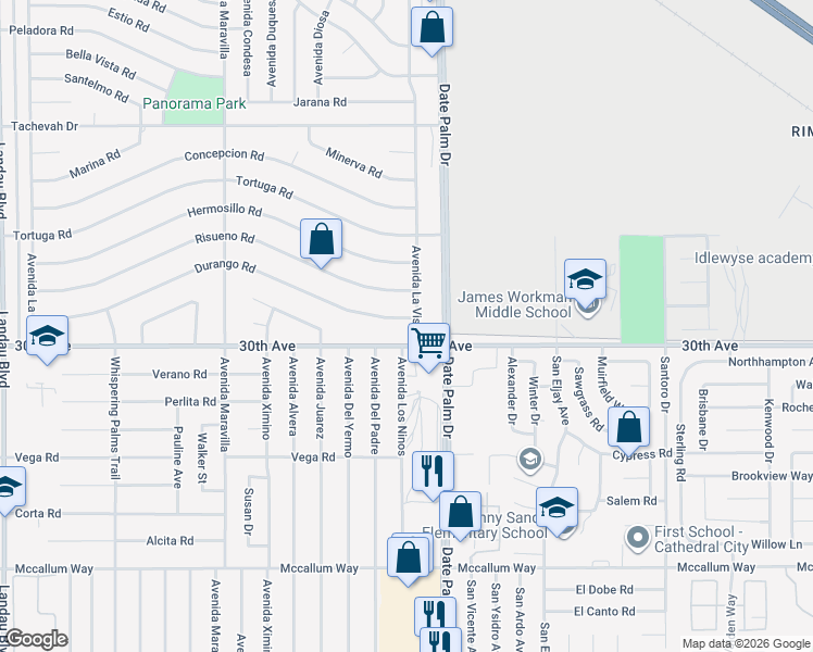 map of restaurants, bars, coffee shops, grocery stores, and more near 68955 Durango Road in Cathedral City