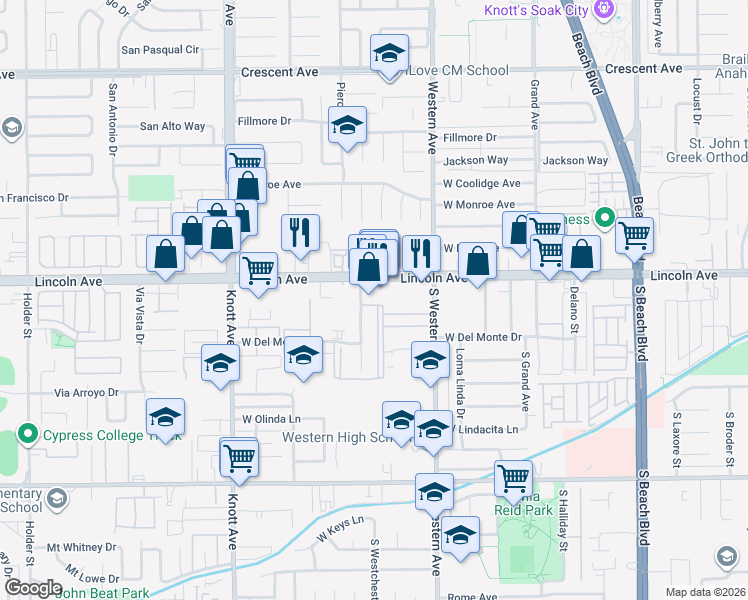 map of restaurants, bars, coffee shops, grocery stores, and more near 3266 West Lincoln Avenue in Anaheim