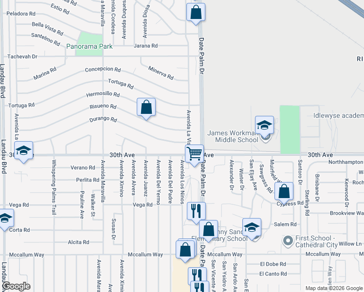map of restaurants, bars, coffee shops, grocery stores, and more near 68930 30th Avenue in Cathedral City