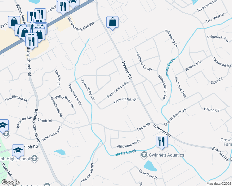 map of restaurants, bars, coffee shops, grocery stores, and more near 3818 Burnt Leaf Lane Southwest in Snellville