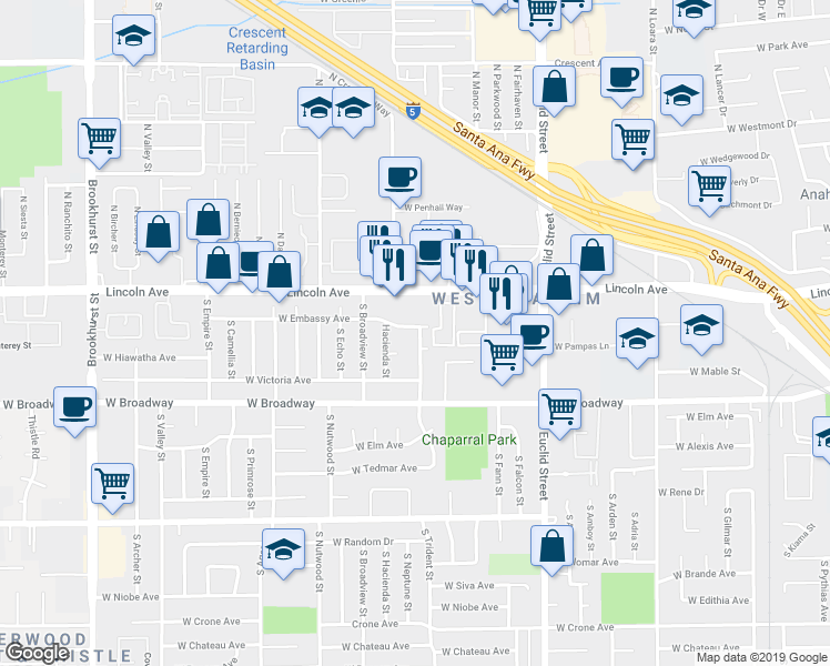 map of restaurants, bars, coffee shops, grocery stores, and more near 1802 West Embassy Avenue in Anaheim
