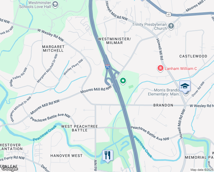 map of restaurants, bars, coffee shops, grocery stores, and more near 1219 Moores Mill Road Northwest in Atlanta